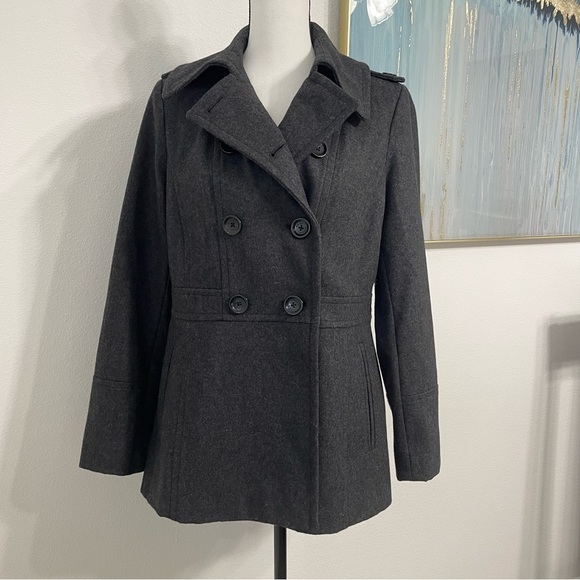 Michael Kors Grey Peacoat M Designer Jacket Wool Blend Double Breasted Collared - Picture 1 of 10